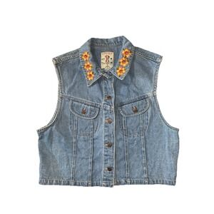 Vintage Y2K Studio Wear Denim Vest Women's L Sunflower Embroidered Blue Casual